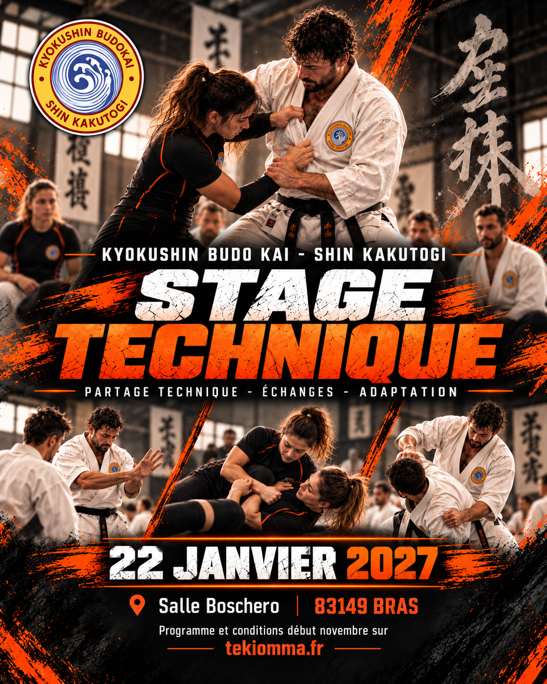 Affiche du stage technique Kyokushin Budo Kaï – Shin Kakutogi du 22 janvier 2027, salle Boschero à Bras