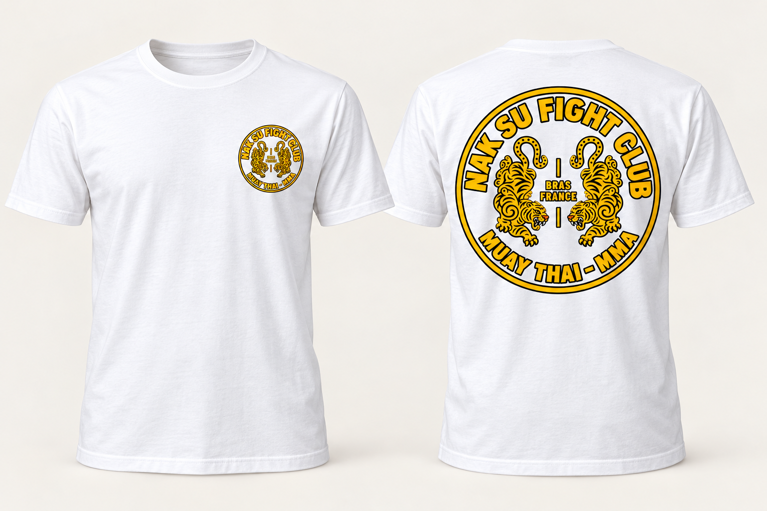 Tee-shirt blanc NAK SU FIGHT CLUB, devant et dos, logo deux tigres jaune et noir