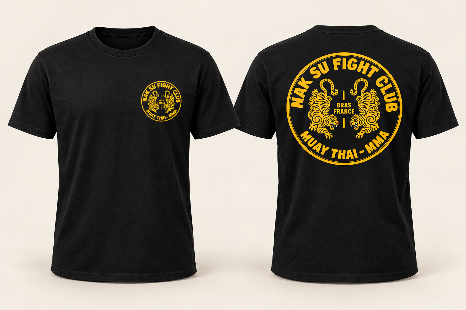 Tee-shirt noir NAK SU FIGHT CLUB, devant et dos, logo deux tigres jaune